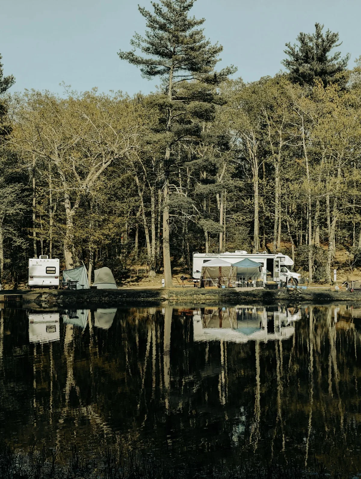 Emplacements de camping calmes et espacés au bord d'un lac, ambiance paisible