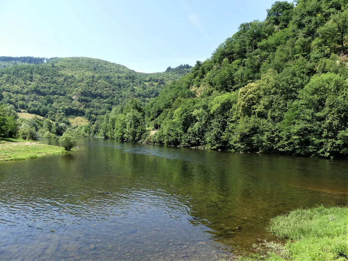 Vue du pont gothique du XIIIe siècle enjambant le Lot à Entraygues-sur-Truyère, avec les maisons anciennes du village en arrière-plan