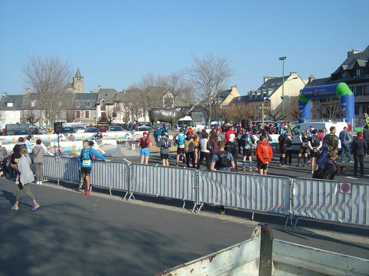 Coureurs de trail progressant sur un chemin herbeux du plateau de l'Aubrac, avec vue dégagée sur les pâturages et les burons