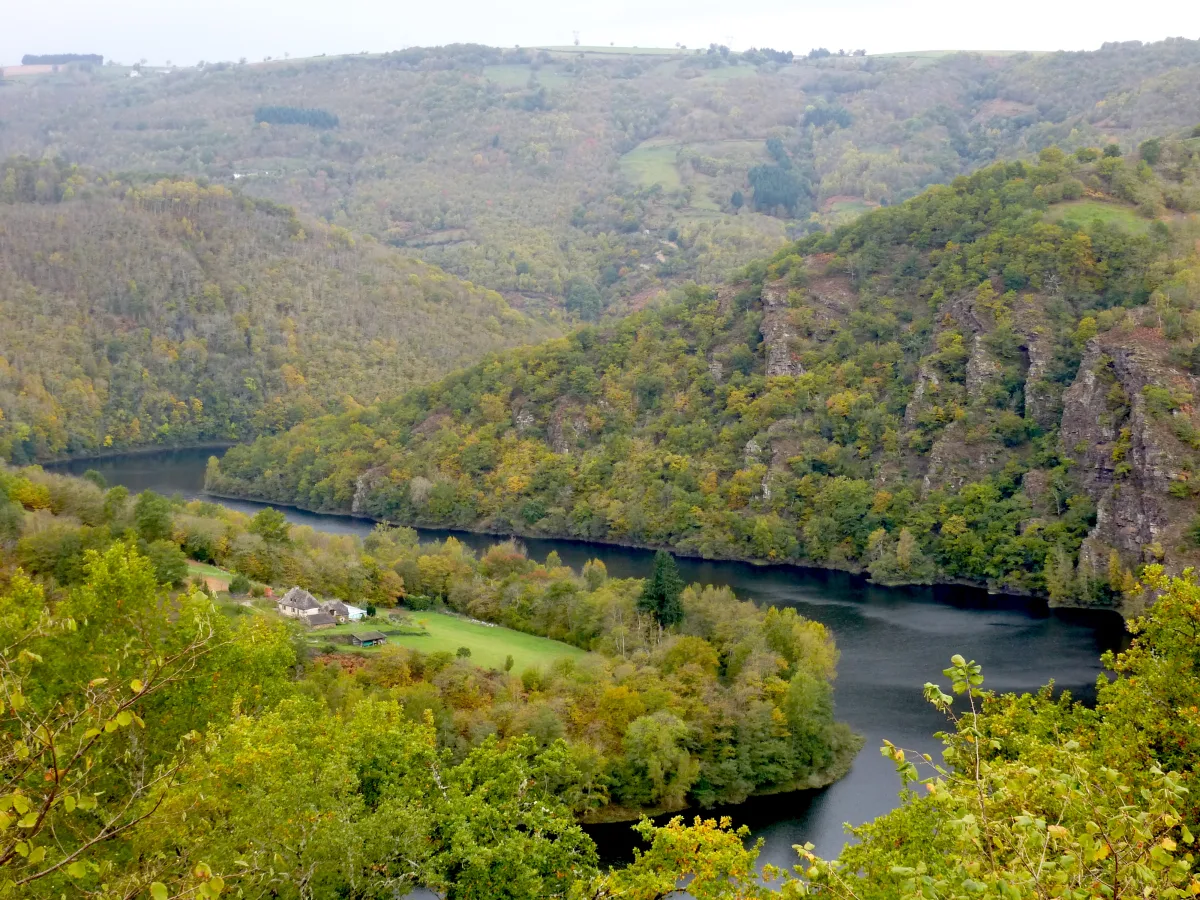 Les gorges boisées de la Truyère vues d'un point haut, au-dessus du site de la via ferrata du Bois des Baltuergues