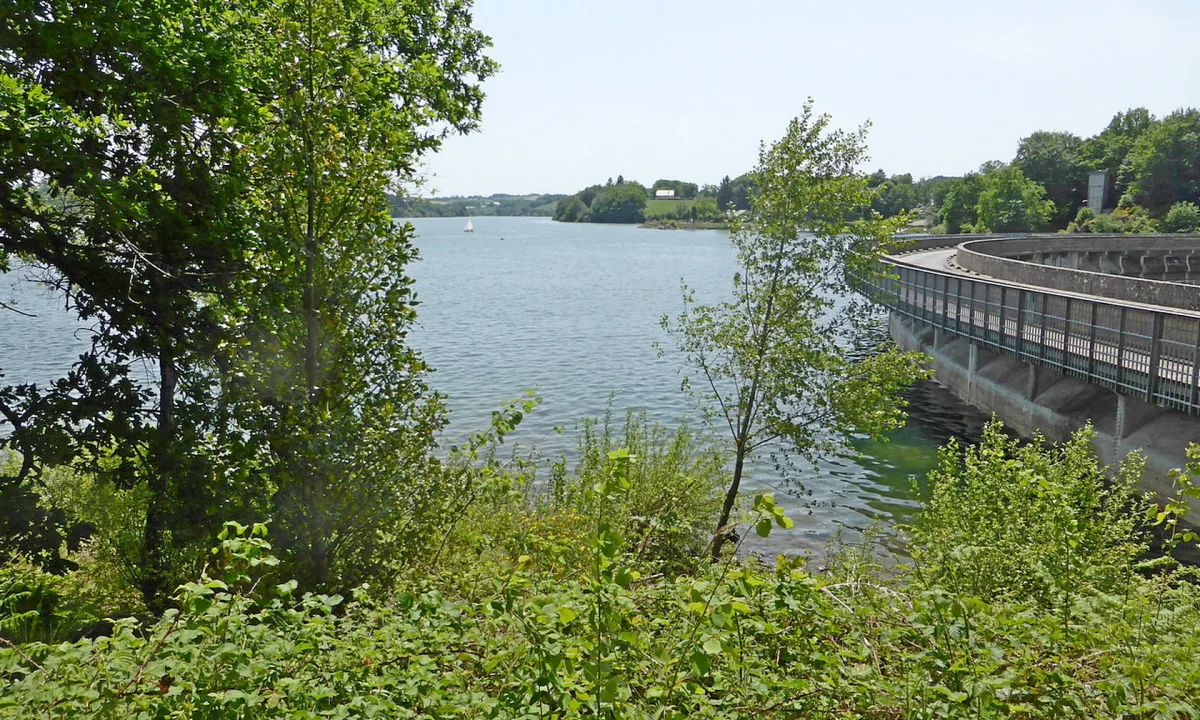 Vue sur le lac de Pareloup en Aveyron avec ses rives boisées et une plage aménagée