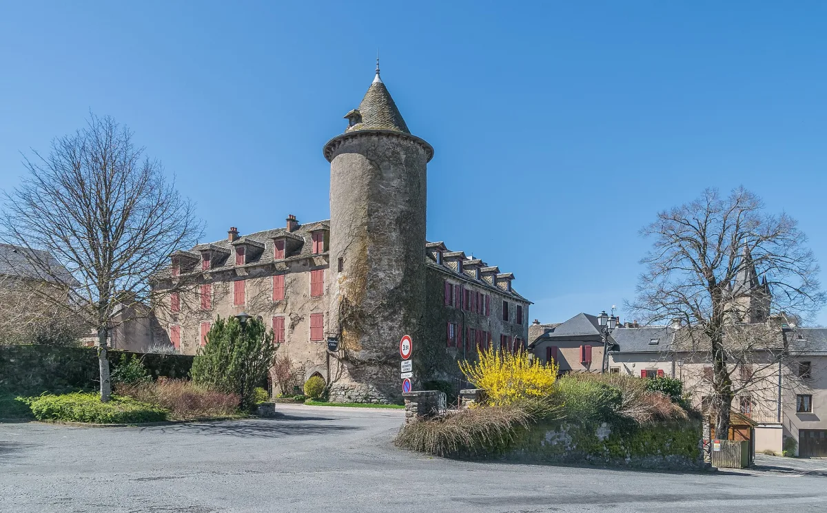 Vue du village fortifié de Salles-Curan avec son château et le lac de Pareloup en arrière-plan